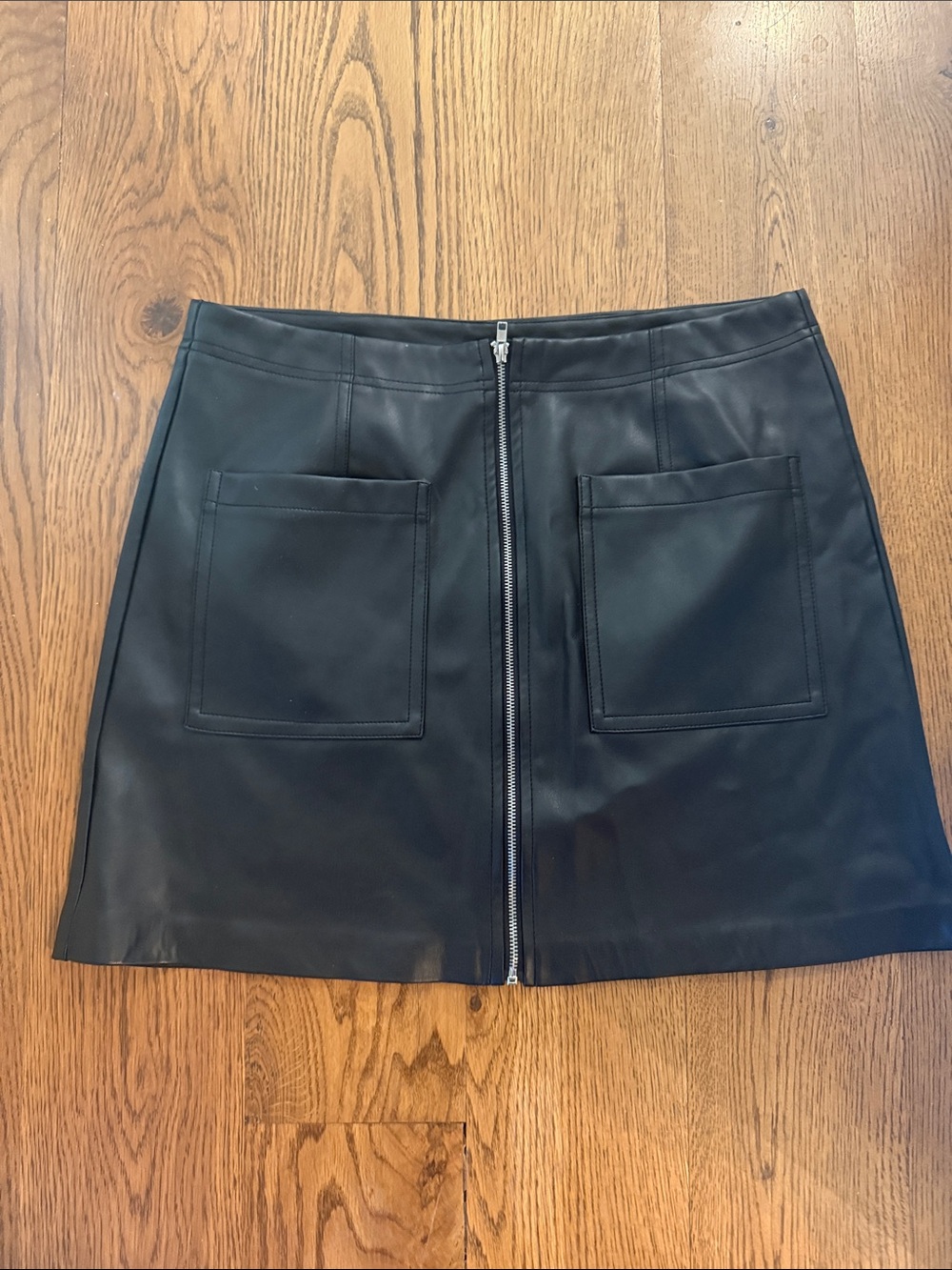 Black Faux Leather Zip-Front Mini Skirt with Patch Pockets